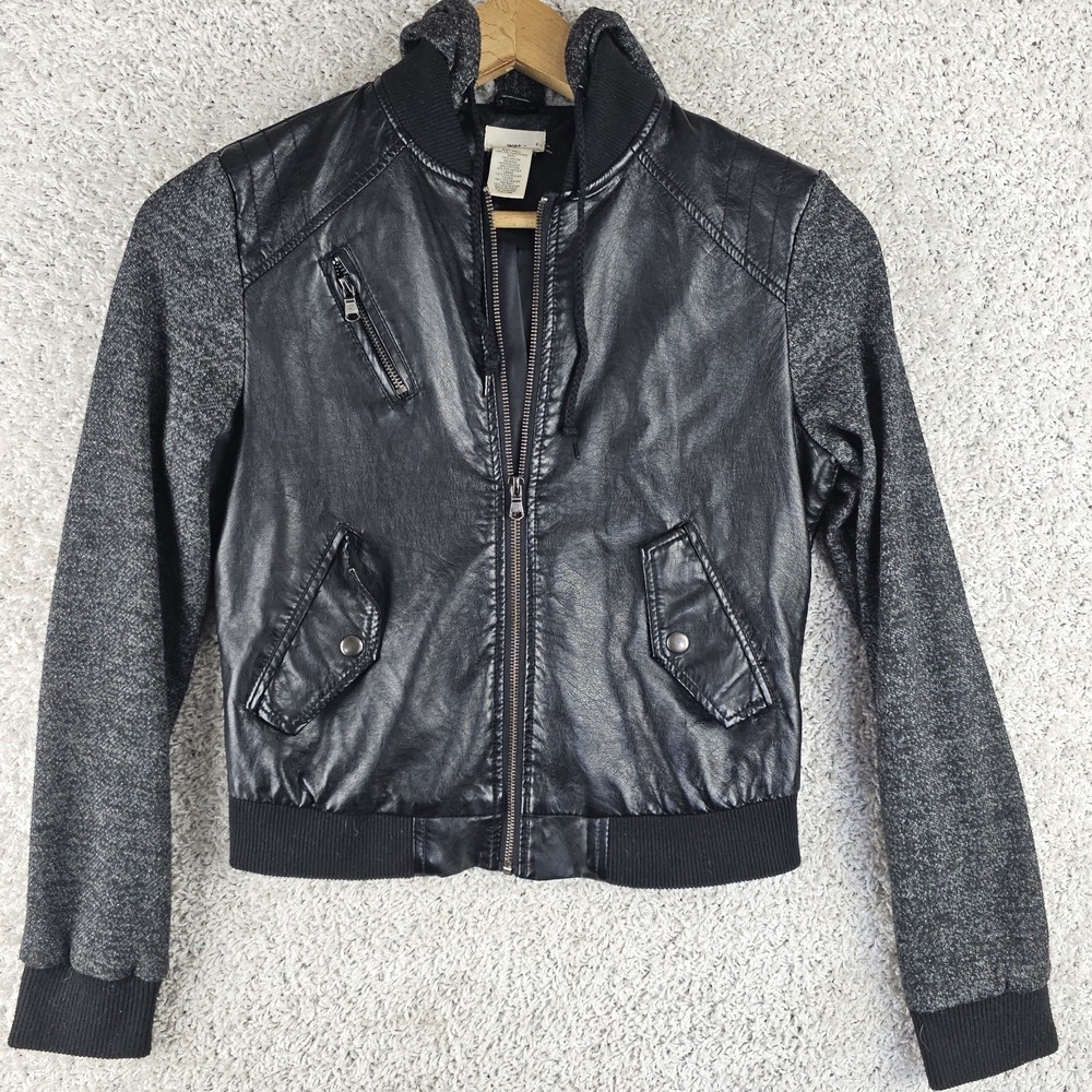 Wet Seal Faux Leather Moto Biker Bomber Jacket Full Zip Hoodie Sz XS Y2K